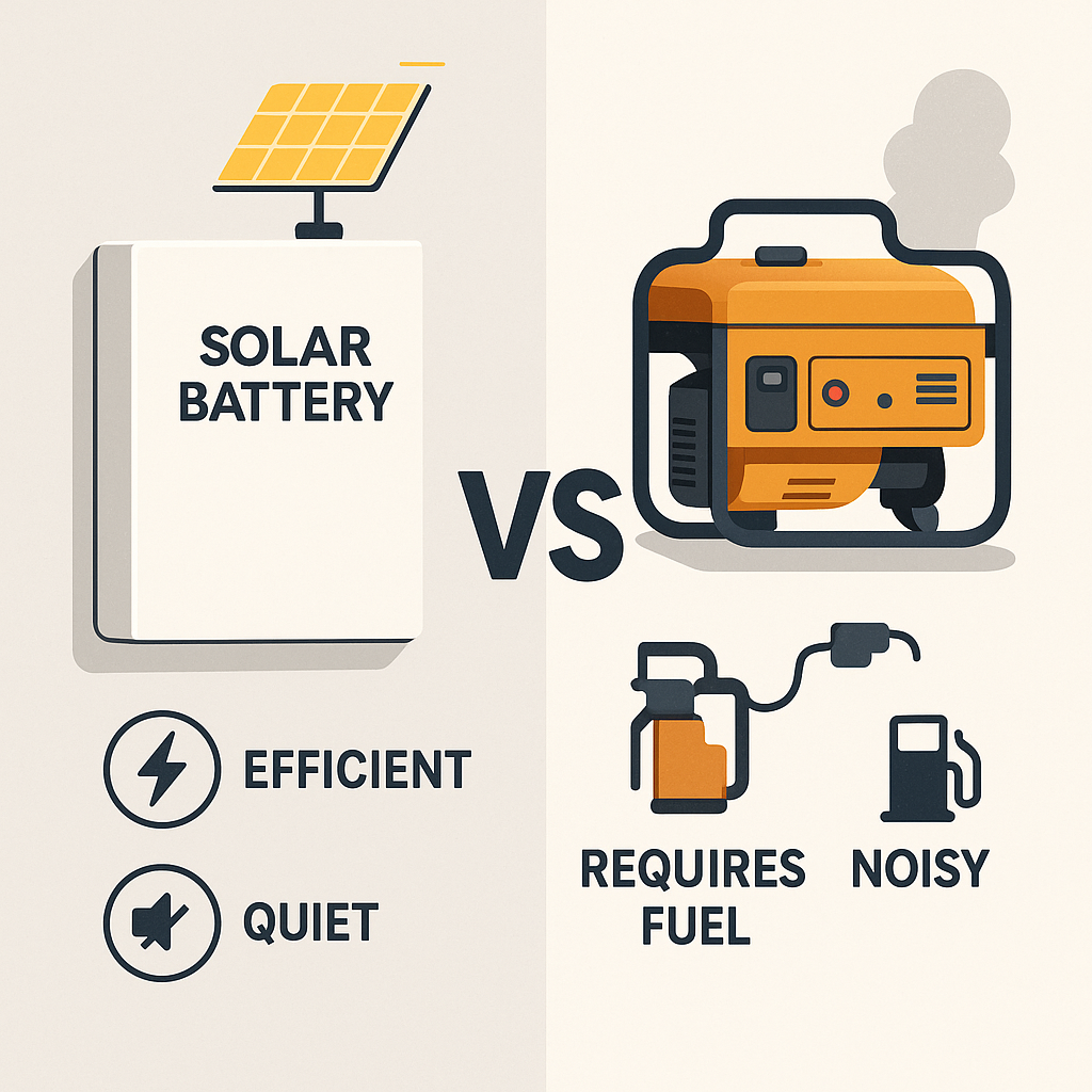 Comparative illustration of solar battery system like Tesla Powerwall and traditional fuel generator side by side