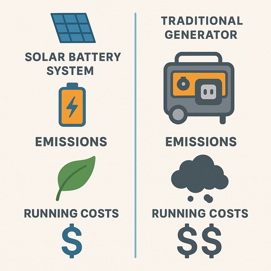 Visual infographic comparing costs and environmental impacts of solar battery systems versus traditional generators