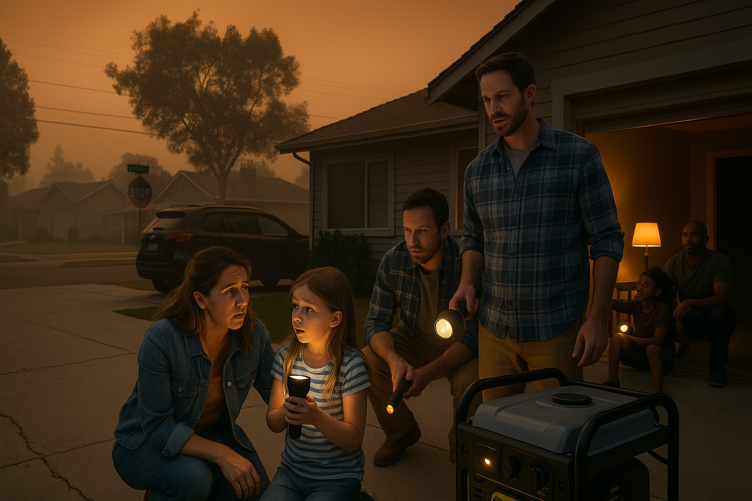 California neighborhood during wildfire season with power outages showing families coping with loss of power