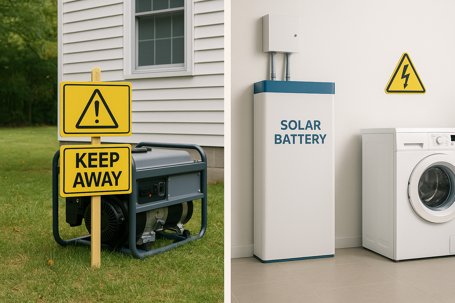 Safety comparison showing proper generator placement with warning signs versus safe solar battery installation in home
