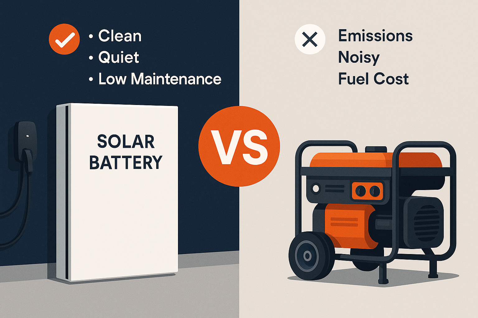 Comparative illustration of solar battery system like Tesla Powerwall and traditional fuel generator side by side