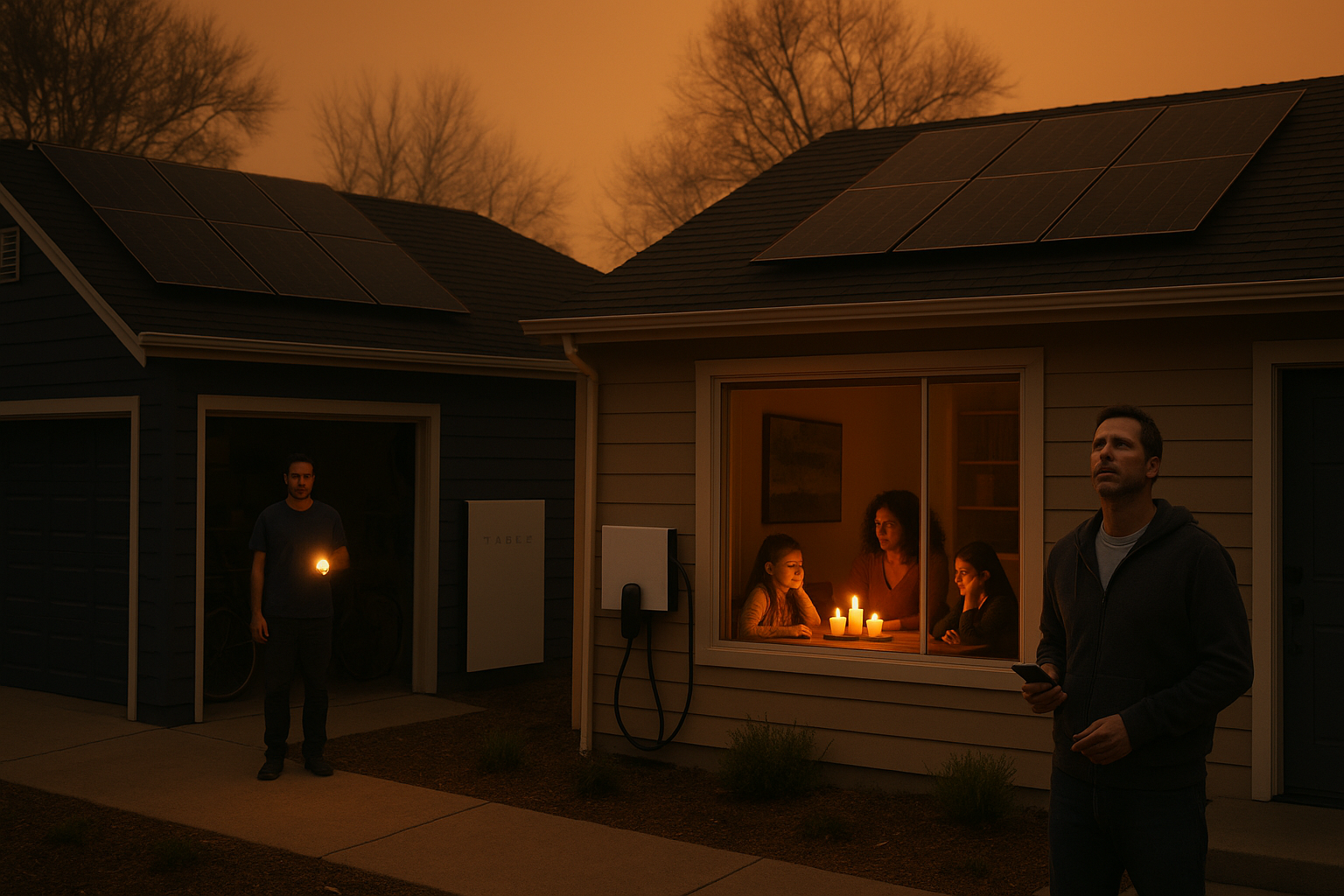 California neighborhood during wildfire season with power outages showing families coping with loss of power