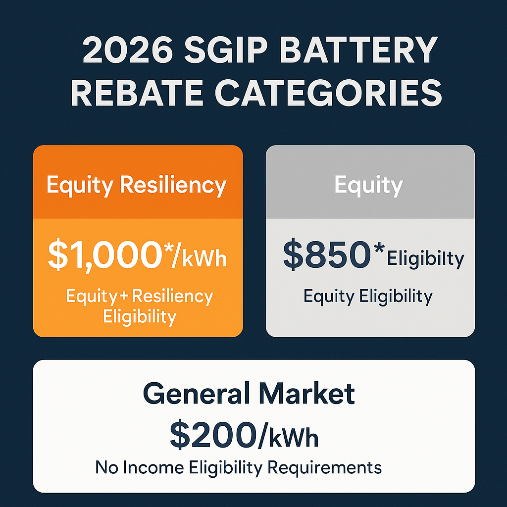 Infographic showing 2026 SGIP battery rebate categories with dollar amounts and eligibility criteria