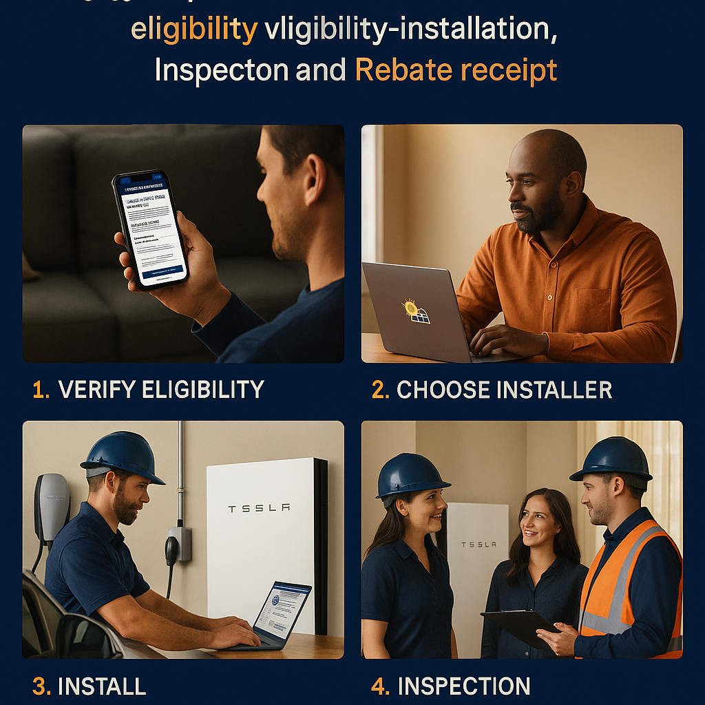 Step-by-step visual guide showing the SGIP battery rebate application process from eligibility verification to rebate receipt