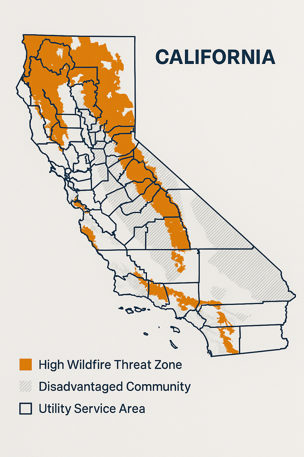 Map of California highlighting high wildfire threat zones, disadvantaged communities, and utility service areas