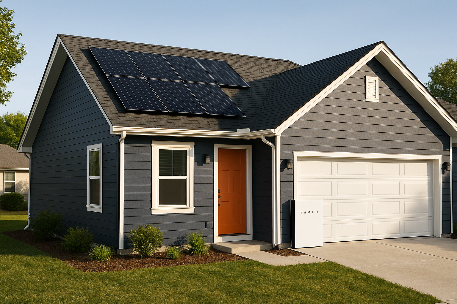 Modern home with rooftop solar panels and home battery storage system installed